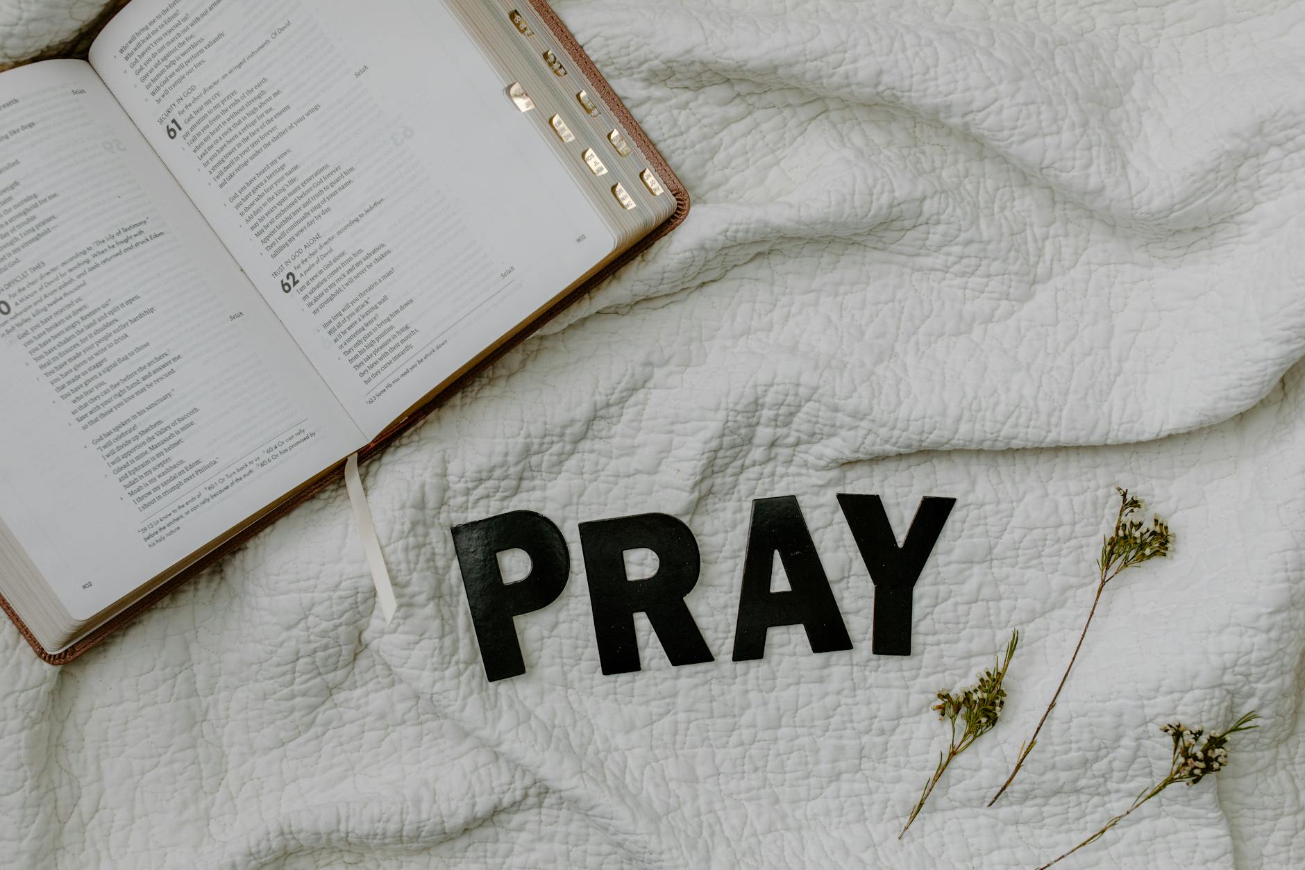 a book and text cutouts on the white fabric